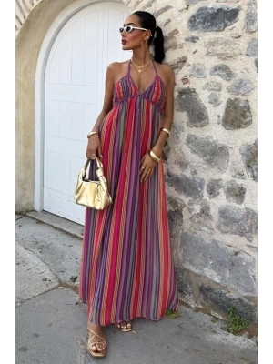 Askılı Pile Detaylı Renkli Maxi Elbise 2748