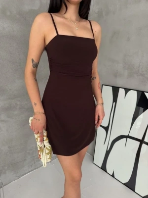 Askılı Şifon ini Elbise Drapeli Bel Vücuda Oturan Yazlık Şık  Kahverengi