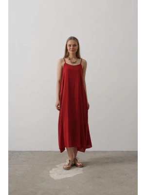 Askılı Uzun Çan Elbise  Bordo