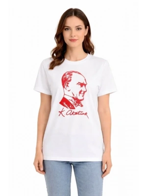 Atatürk Baskılı Tişört Kısa Kollu Bisiklet Yaka Thirt  Beyaz