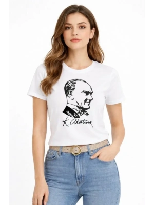 Atatürk Baskılı Tişört Kısa Kollu Bisiklet Yaka Thirt  Beyaz