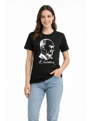 Atatürk Baskılı Tişört Kısa Kollu Bisiklet Yaka Thirt  iyah