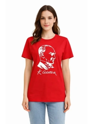 Atatürk Baskılı Tişört Kısa Kollu Bisiklet Yaka  Thirt  Kırmızı