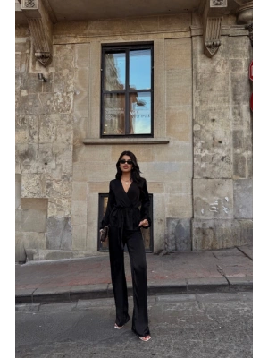 ATEN KRUVAZE BAĞLAMALI BLUZ PANTOLON TAKIM  iyah