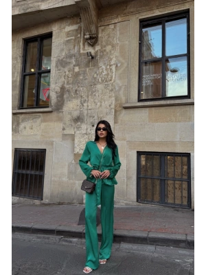 ATEN KRUVAZE BAĞLAALI BLUZ PANTOLON TAKI  Yeşil