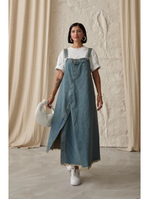 Mavi Askılı Düğmeli Kot Elbise