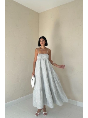 Mavi Askılı Parçalı Çizgili Müslin Elbise