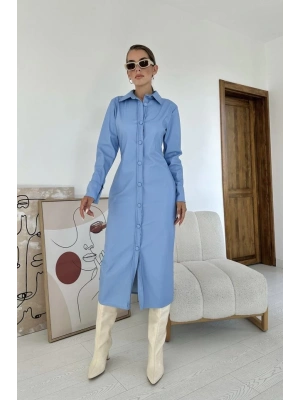 Mavi Boydan Düğmeli Deri Elbise