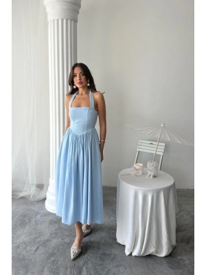 avi Boyundan Bağlamalı Keten Elbise