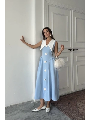 Mavi Gül Detaylı Atlas Elbise