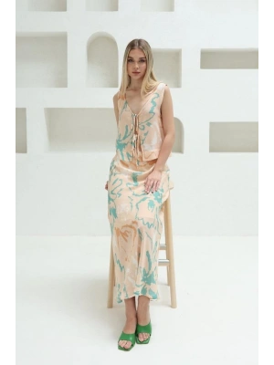 Bağcıklı Bluzlu Etek Takım  Pudra