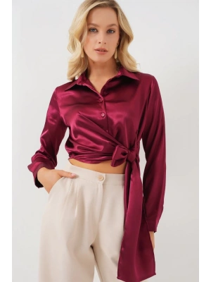 Bağlamalı Uzun Kol Saten Gömlek 20287  Bordo