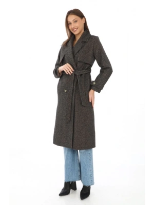 Balık Sırtı Yünlü Dokuma Kaşe Kaban – Kruvaze Yaka, Kuşaklı, Cepli, Astarlı Uzun Boy Tesettür Şık Kışlık Kaşe Kaban odeli  Kahverengi