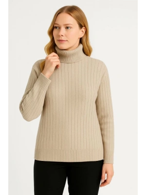 Balıkcı Yaka Bağazlı Triko Kazak Pamuklu Kalın Fitilli Dokuma  Bej