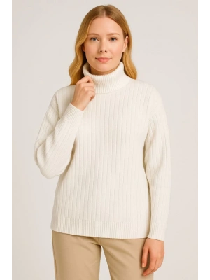 Balıkcı Yaka Bağazlı Triko Kazak Pamuklu Kalın Fitilli Dokuma  Beyaz