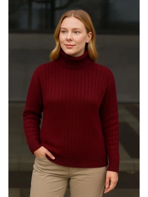 Balıkcı Yaka Bağazlı Triko Kazak Pamuklu Kalın Fitilli Dokuma  Bordo