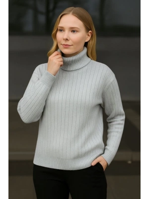 Balıkcı Yaka Bağazlı Triko Kazak Pamuklu Kalın Fitilli Dokuma  Gri