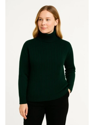 Balıkcı Yaka Bağazlı Triko Kazak Pamuklu Kalın Fitilli Dokuma  Haki