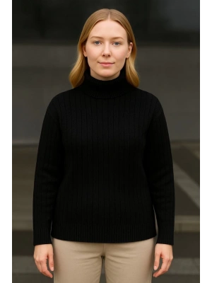 Balıkcı Yaka Bağazlı Triko Kazak Pamuklu Kalın Fitilli Dokuma  iyah