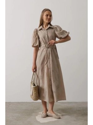 Balon Kol Kemerli Brode Elbise  Taş