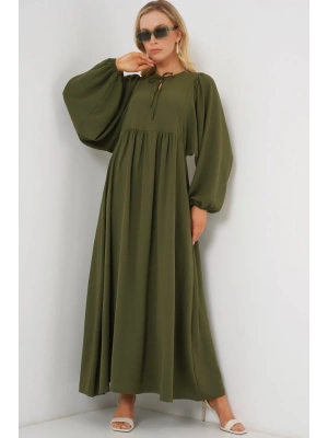 Balon Kol Uzun Tesettür Elbise 2464  Haki