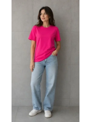 Basic Pamuklu Tişört Bisiklet Yaka Düz Renk Relaxed Fit Thirt  Fuşya
