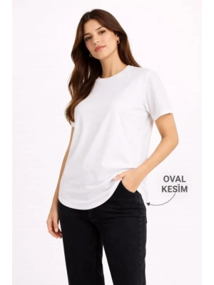 Basic Thirt Kısa Kol Bisiklet Yaka Oval Kesim Tişört  Beyaz