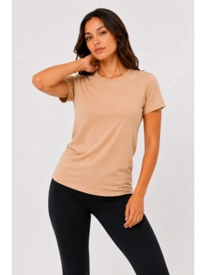 Basic Tişört Bisiklet Yaka Kısa Kol Günlük Yazlık lim Fit Thirt  Bej