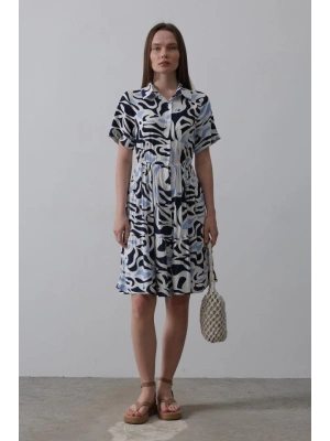 Baskılı Keten Elbise  Lacivert