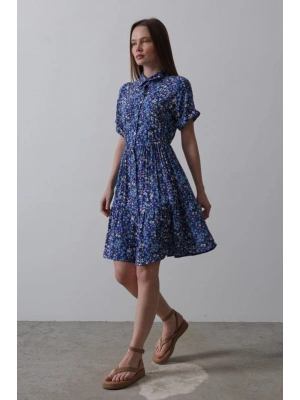 Baskılı Keten Elbise  LacivertBeyaz