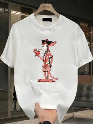 Baskılı Oversize Bisiklet Yaka Tshirt  Beyaz