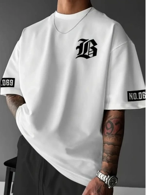 Baskılı Oversize Bisiklet Yaka Tshirt  Beyaz