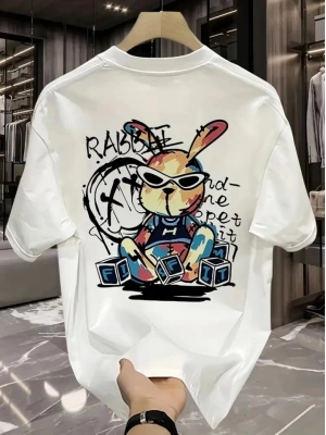 Baskılı Oversize Bisiklet Yaka Tshirt  Beyaz