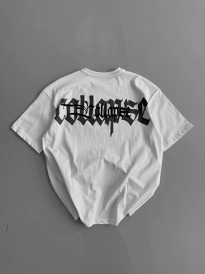 Baskılı Oversize Bisiklet Yaka Tshirt  Beyaz