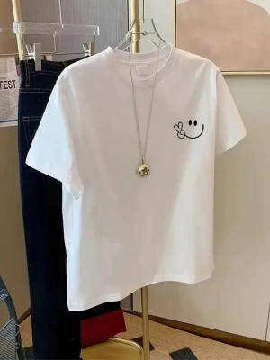 Baskılı Oversize Bisiklet Yaka Tshirt  Beyaz