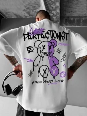 Baskılı Oversize Bisiklet Yaka Tshirt  Beyaz