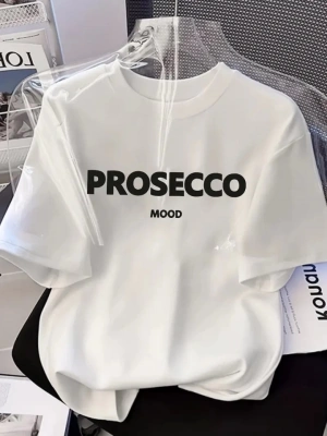 Baskılı Oversize Bisiklet Yaka Tshirt  Beyaz