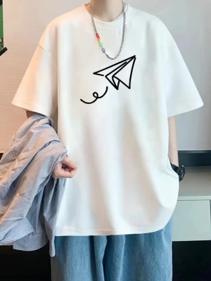 Baskılı Oversize Bisiklet Yaka Tshirt  Beyaz