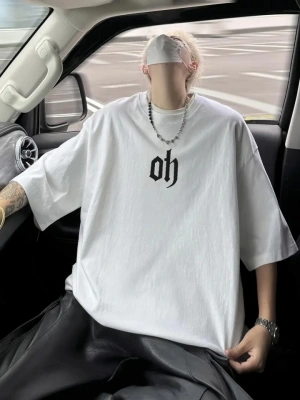 Baskılı Oversize Bisiklet Yaka Tshirt  Beyaz