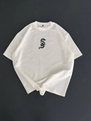 Baskılı Oversize Bisiklet Yaka Tshirt  Beyaz