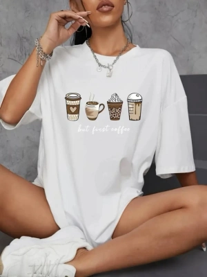 Baskılı Oversize Bisiklet Yaka Tshirt  Beyaz