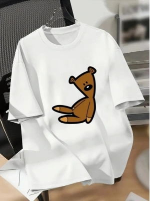 Baskılı Oversize Bisiklet Yaka Tshirt  Beyaz