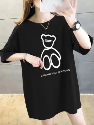 Baskılı Oversize Bisiklet Yaka Tshirt  iyah