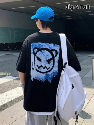 Baskılı Oversize Bisiklet Yaka Tshirt  iyah