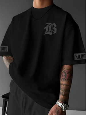 Baskılı Oversize Bisiklet Yaka Tshirt  iyah