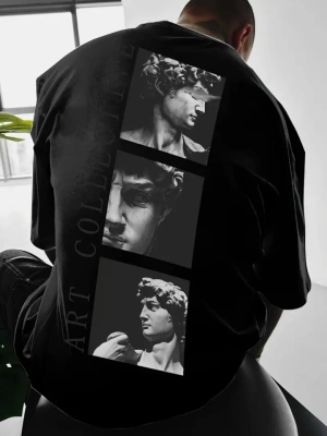 Baskılı Oversize Bisiklet Yaka Tshirt  iyah