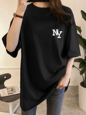 Baskılı Oversize Bisiklet Yaka Tshirt  iyah