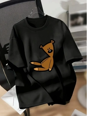 Baskılı Oversize Bisiklet Yaka Tshirt  iyah