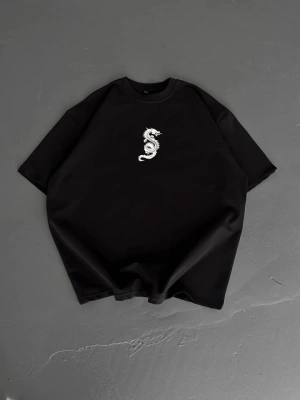 Baskılı Oversize Bisiklet Yaka Tshirt  iyah