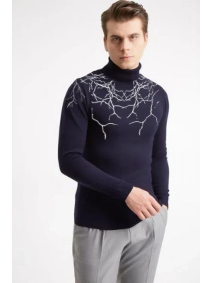 Baskılı Tam Boğazlı Uzun Kol Dokuma Triko  acivert